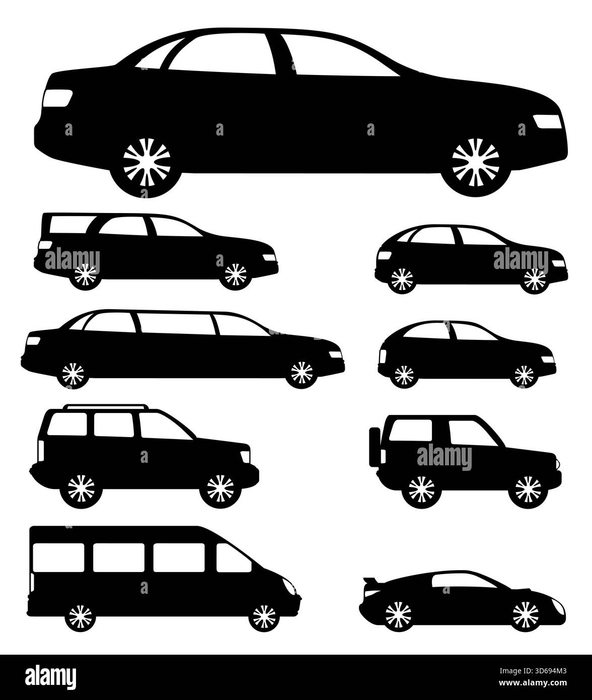voitures de tourisme silhouette noire illustration vectorielle stock de dessin animé isolé sur fond blanc Banque D'Images