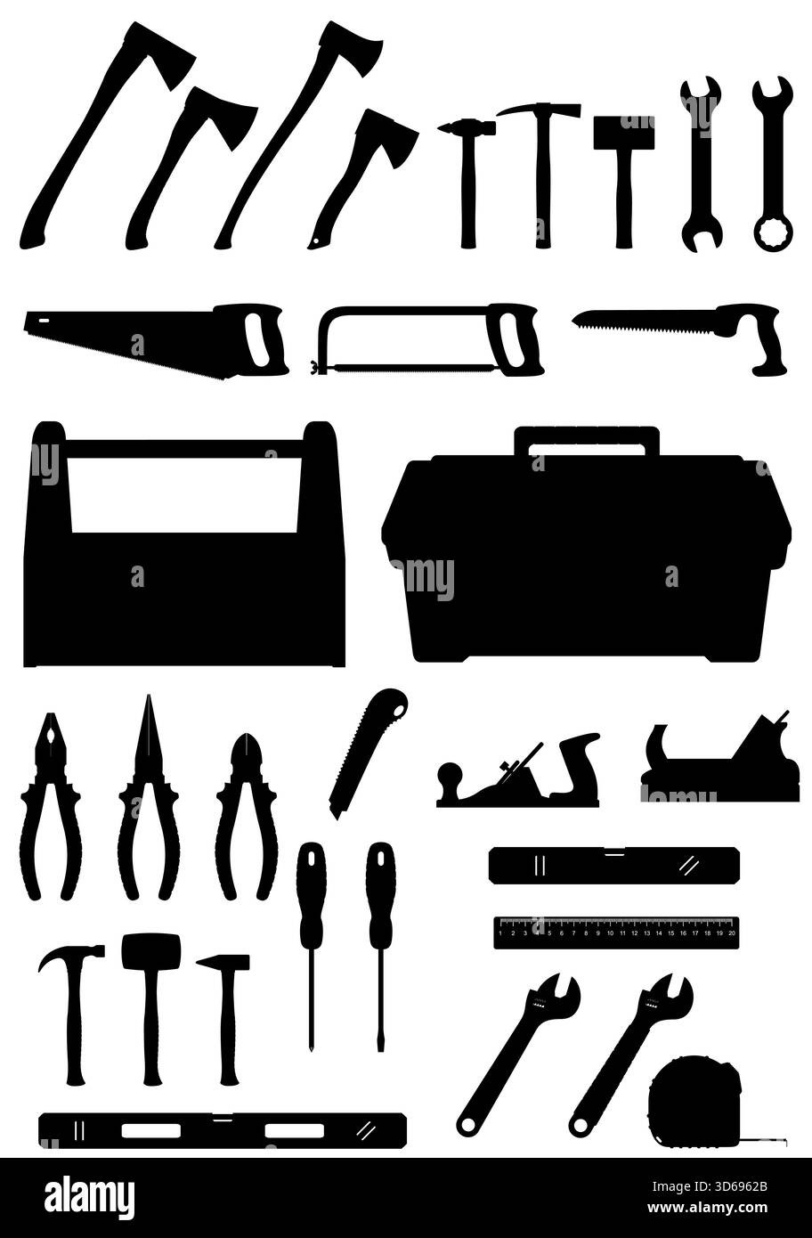 divers outils pour réparer la silhouette noire illustration vectorielle stock de dessin animé isolé sur fond blanc Banque D'Images