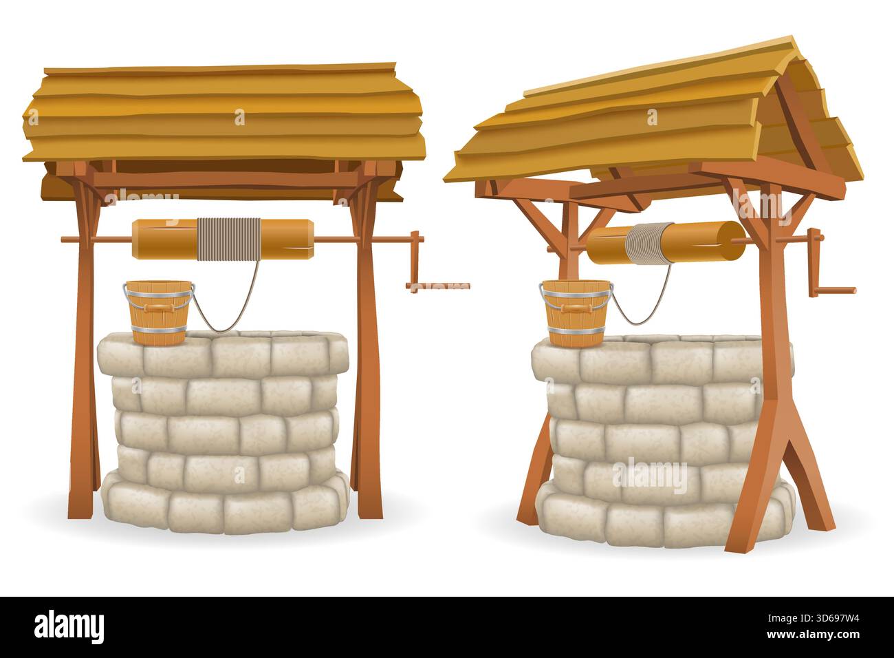 puits pour l'eau en pierre avec toit en bois dessin animé stock illustration vectorielle isolée sur fond blanc Illustration de Vecteur