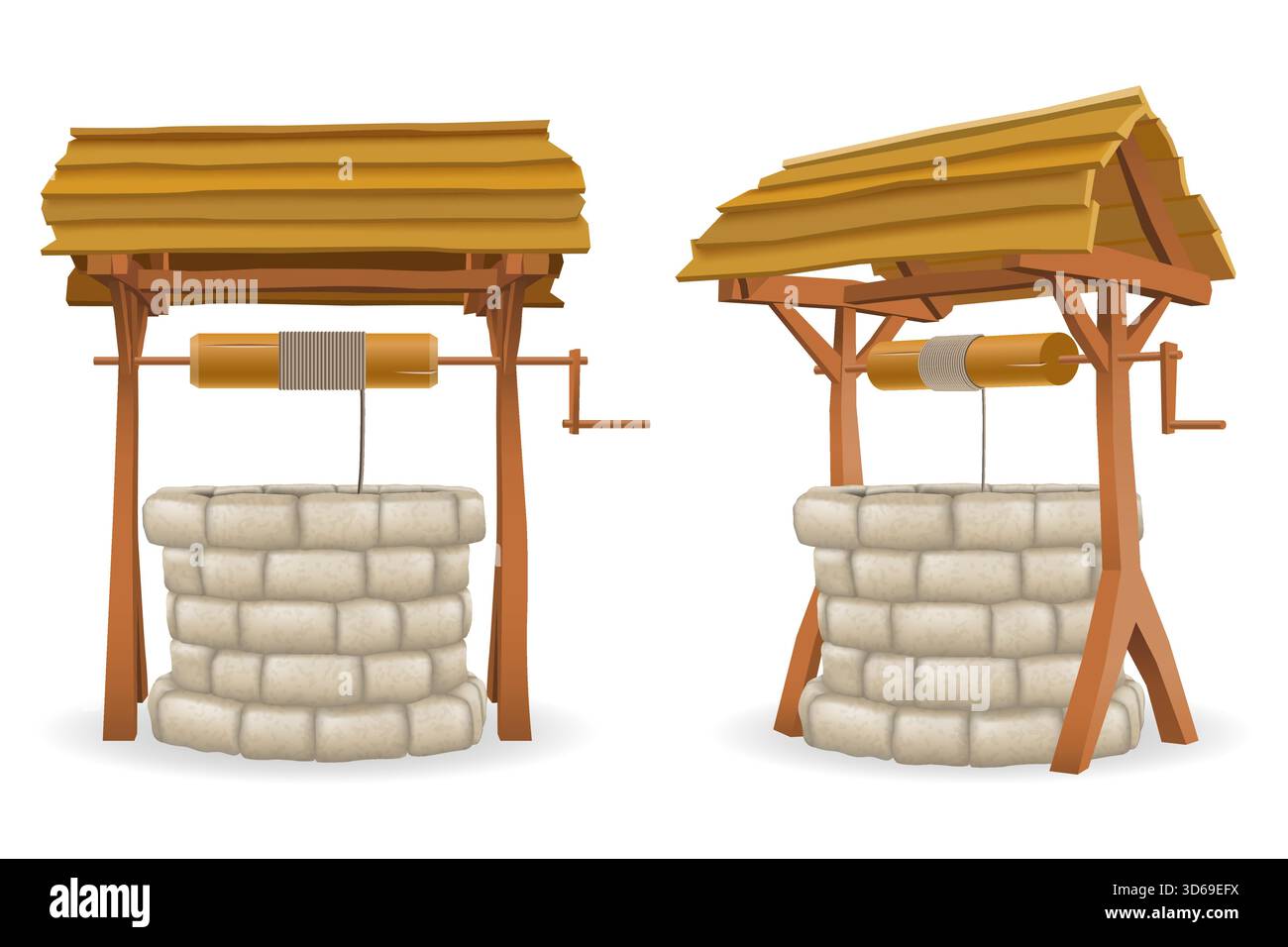 puits pour l'eau en pierre avec toit en bois dessin animé stock illustration vectorielle isolée sur fond blanc Illustration de Vecteur
