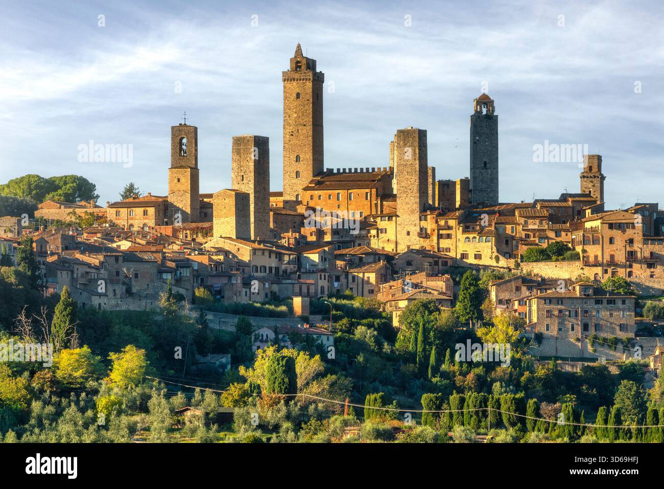 Vue rapprochée de l'horizon médiéval de San Gimignano, Toscane, Italie avec ses tours de pierre emblématiques. La ville de colline est entourée d'oliviers et c Banque D'Images