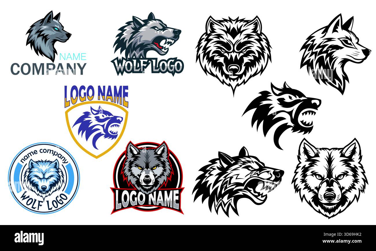 logo wolf créatif et original pour votre entreprise ou entreprise ensemble logotype dessin animé couleur stock et illustration vectorielle noir et blanc isolé sur whit Illustration de Vecteur
