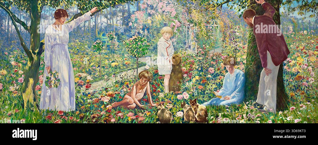 Leon Kaufmann - jardin de Louveciennes - (1927) - L'œuvre est connue pour ses couleurs vives et son style impressionniste, capturant des scènes intimes avec un accent sur la lumière. Banque D'Images