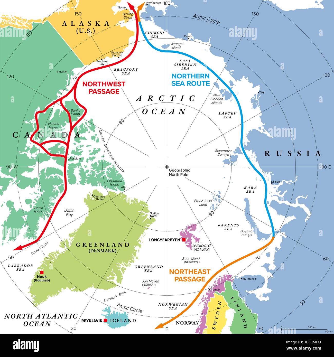 Routes maritimes de l'océan Arctique, carte politique multicolore. Passage du Nord-Ouest et passage du Nord-est avec la Northern Sea route. Routes maritimes. Banque D'Images