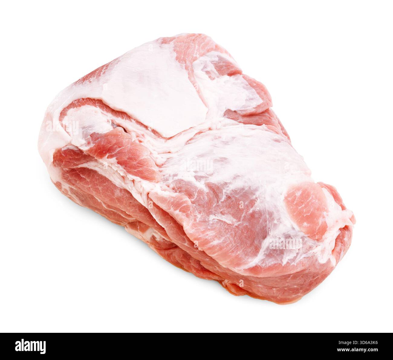 Un gros cou de porc cru et désossé ou une épaule coupée avec une épaisse couche de graisse blanche, prêt à trancher ou à cuire, isolé sur blanc. Photo de haute qualité Banque D'Images