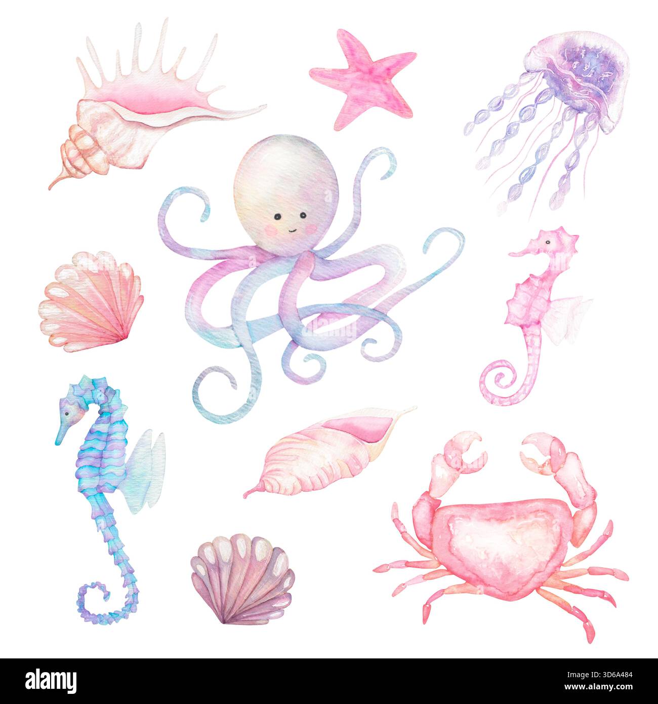 Composition d'animaux marins à l'aquarelle avec poulpe et coquillages Banque D'Images