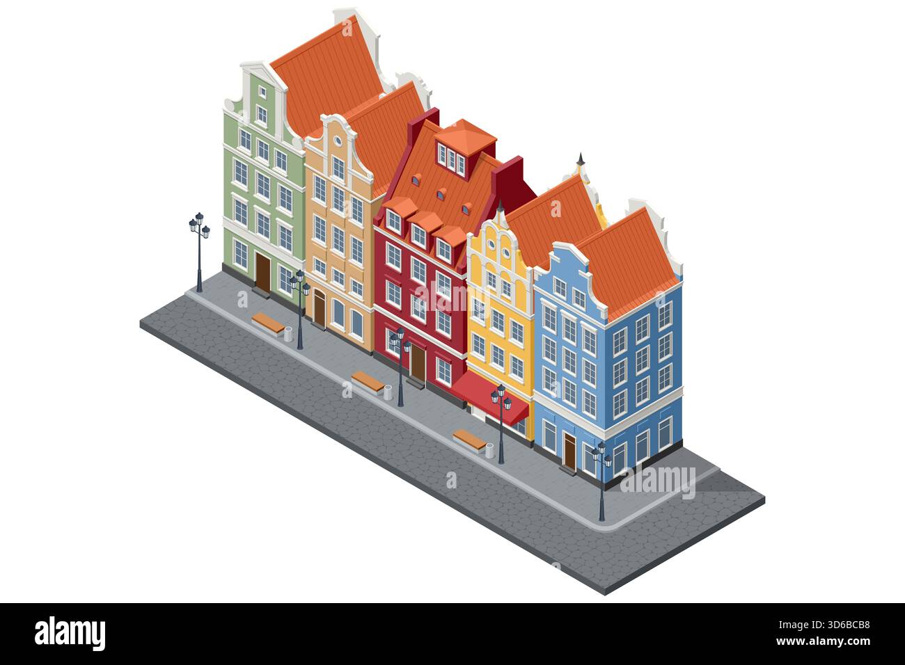 Ancienne rue européenne isométrique de Gdansk avec des maisons historiques colorées, des lanternes, des bancs et un trottoir dans un paysage urbain balte classique. Illustration de Vecteur