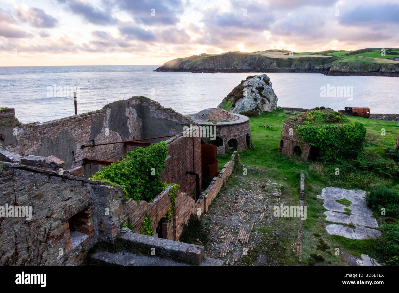 Maçonnerie de Porth Wen abandonnée avec fours et cheminées envahis par la végétation Banque D'Images