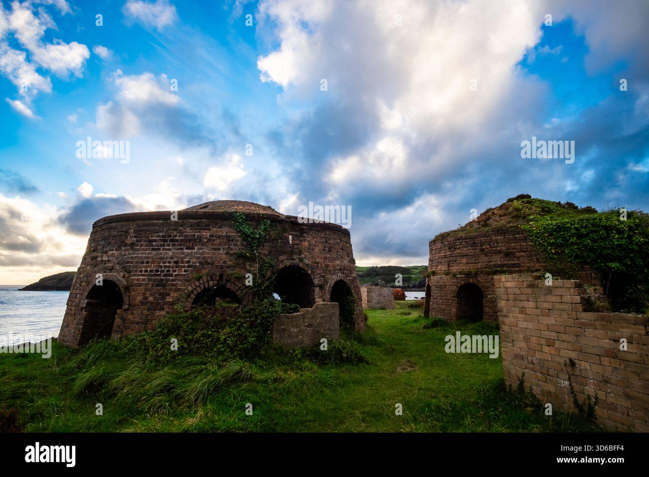 Maçonnerie de Porth Wen abandonnée avec fours et cheminées envahis par la végétation Banque D'Images