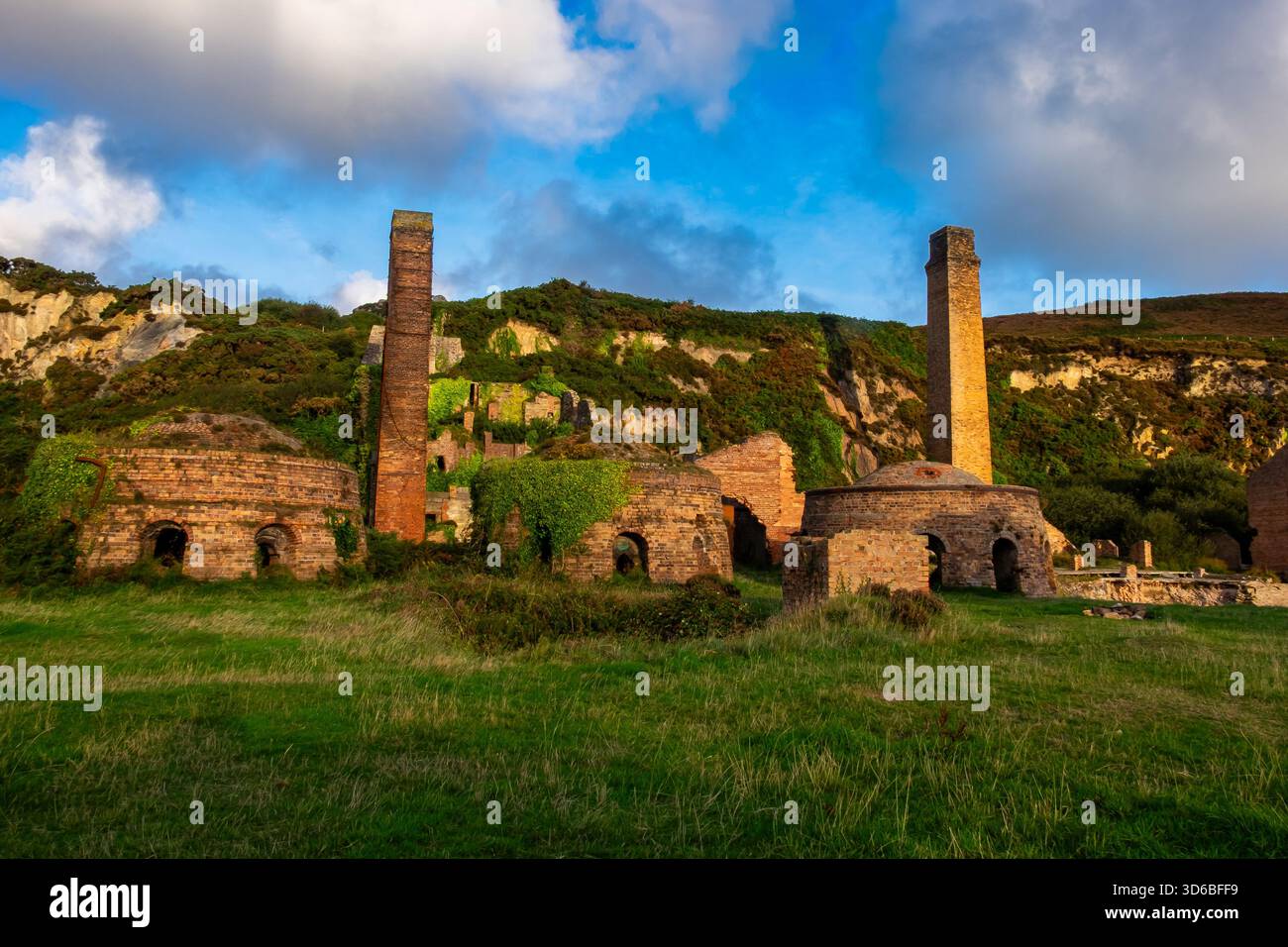 Maçonnerie de Porth Wen abandonnée avec fours et cheminées envahis par la végétation Banque D'Images