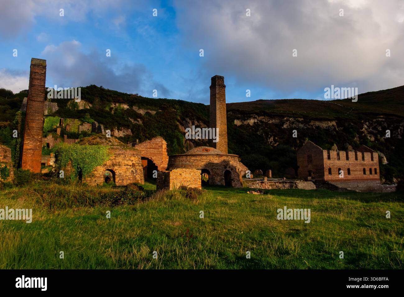 Maçonnerie de Porth Wen abandonnée avec fours et cheminées envahis par la végétation Banque D'Images
