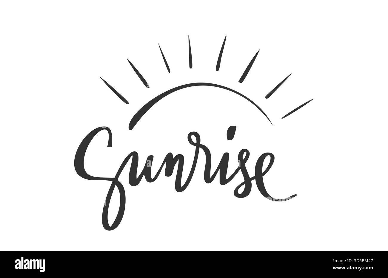 Lettrage de dessin à la main au lever du soleil. Des demi-rayons de soleil linéaires brillent au-dessus du mot manuscrit. Esquisse légère matinale silhouette minimale d'encre noire. Lumière du jour temps d'été ciel, énergie brillante, lumière chaude du soleil Illustration de Vecteur