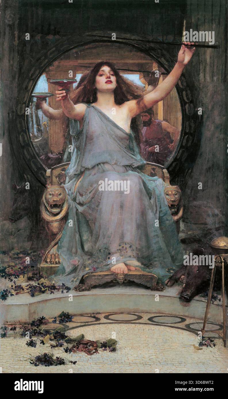 Circe offrant la Coupe à Odysseus (1891). John William Waterhouse (anglais, 1849 - 1917). Dans la mythologie grecque, Circé est une enchanteresse, parfois considérée comme une déesse ou une nymphe. Dans la plupart des récits, Circé est décrite comme la fille du Dieu soleil Hélios et de la Perse océanide. Circe était réputée pour sa vaste connaissance des potions et des herbes. Grâce à l'utilisation de ceux-ci et d'une baguette magique ou bâton, elle transformerait ses ennemis, ou ceux qui l'offensaient, en animaux. Banque D'Images