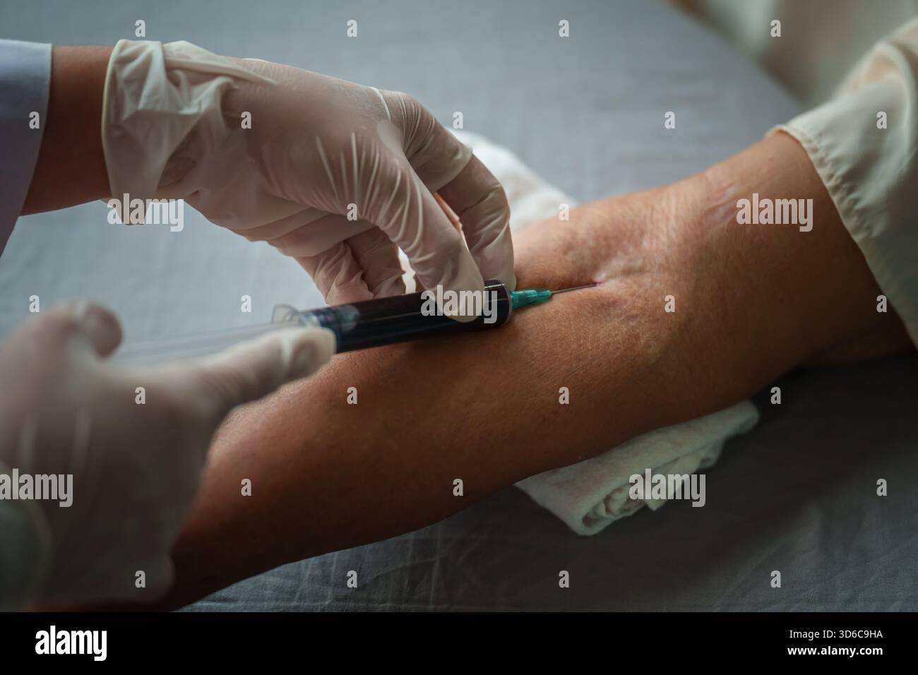 gros plan du médecin ou de l'infirmière prélevant un échantillon de sang dans la veine du bras avec un vacutainer. seringue pour ponction veineuse du patient Banque D'Images