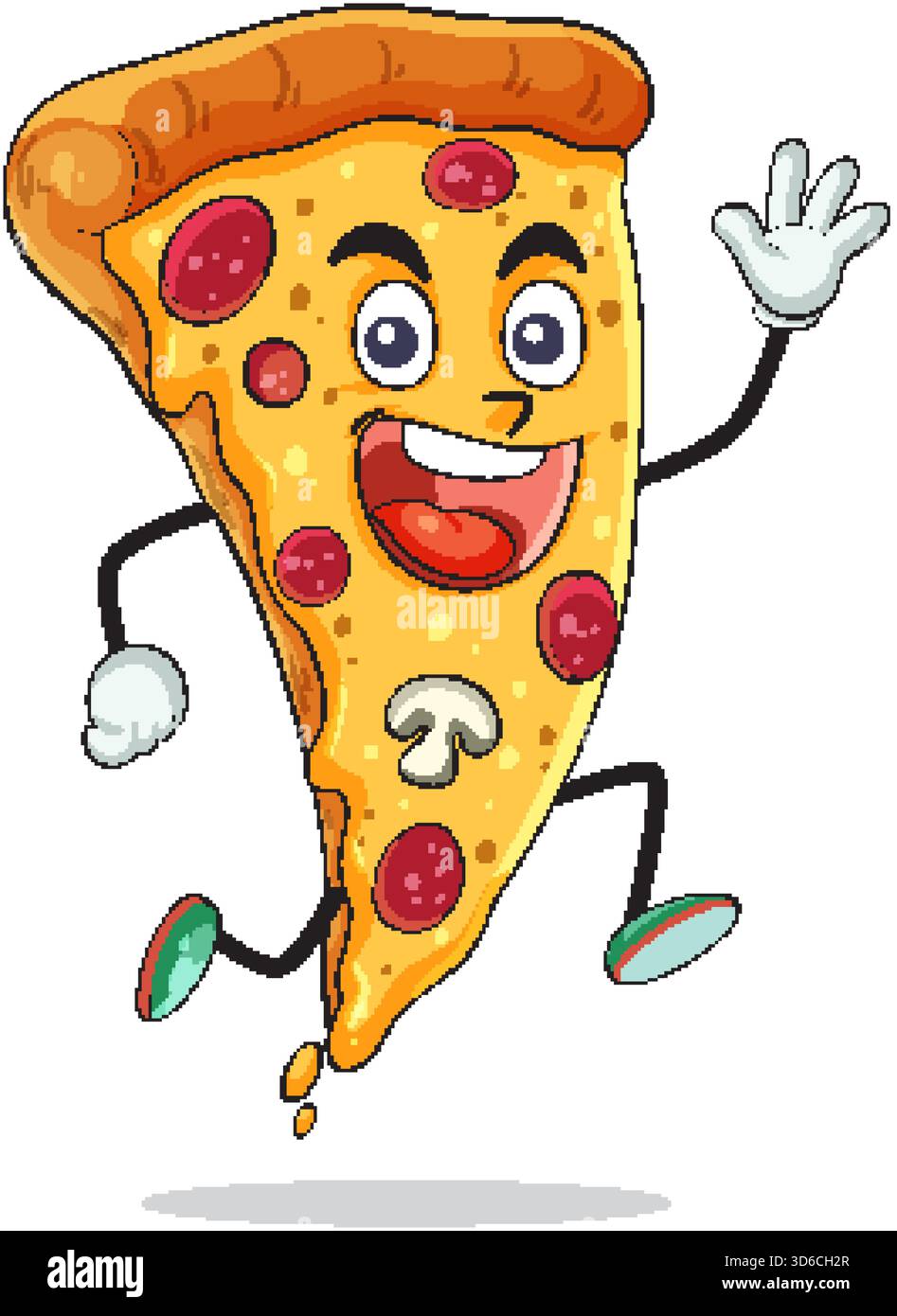 Vecteur dessin animé de caractère de tranche de pizza saut, souriant, avec pepperoni, champignon, contours audacieux, fond blanc Illustration de Vecteur