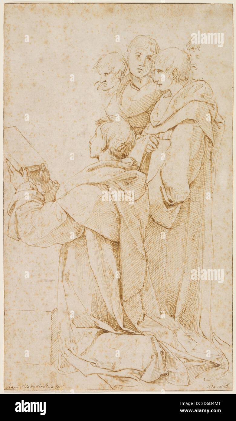 'The Handover of the Decretals / Die ?bergabe der Dekretalen (CA. 1511). Raphaël (italien, 1483-1520) Les Decretaux de Grégoire IX (latin : Decretales Gregorii IX), également appelés collectivement le Liber extra, sont une source du droit canonique catholique médiéval. En 1230, le pape Grégoire IX ordonna à son aumônier et confesseur, Raymond de Penyafort, un dominicain, de former une nouvelle collection canonique destinée à remplacer le Decretum Gratiani, qui fut la principale collection d'écrits juridiques pour l'église pendant plus de 90 ans. Banque D'Images