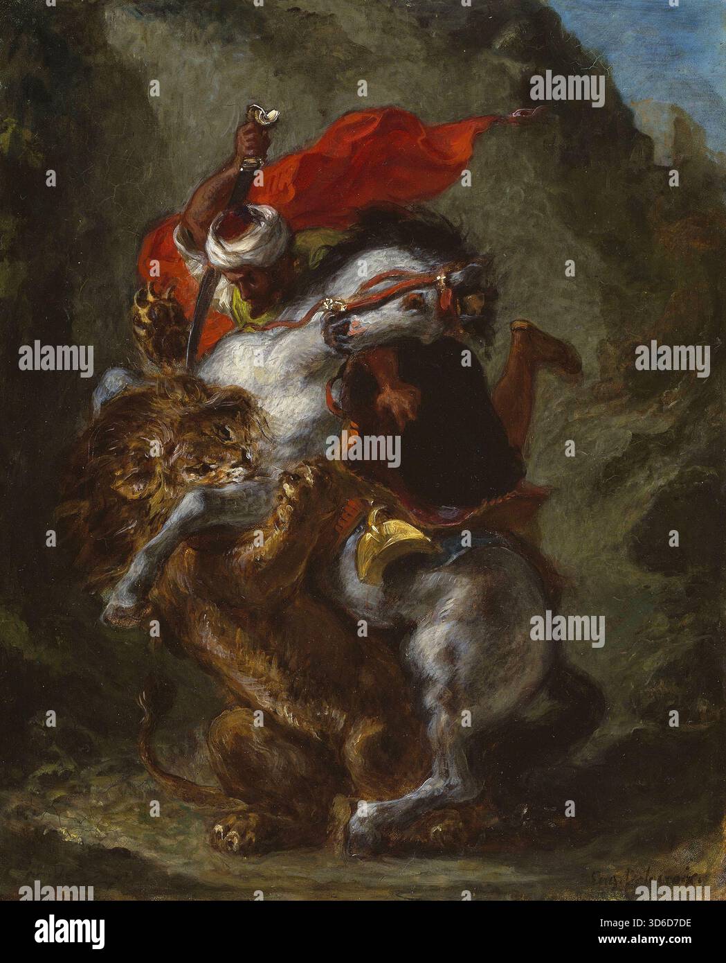 'Cavalier arabe attaqué par un Lion (1849). EUG?ne Delacroix (français, 1798-1863)' Banque D'Images