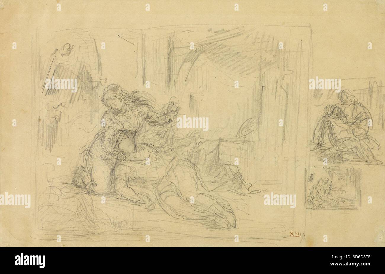 Femme mourante, homme dans la chambre, deux croquis de la même chose. EUG?ne Delacroix (français, 1798-1863)' Banque D'Images