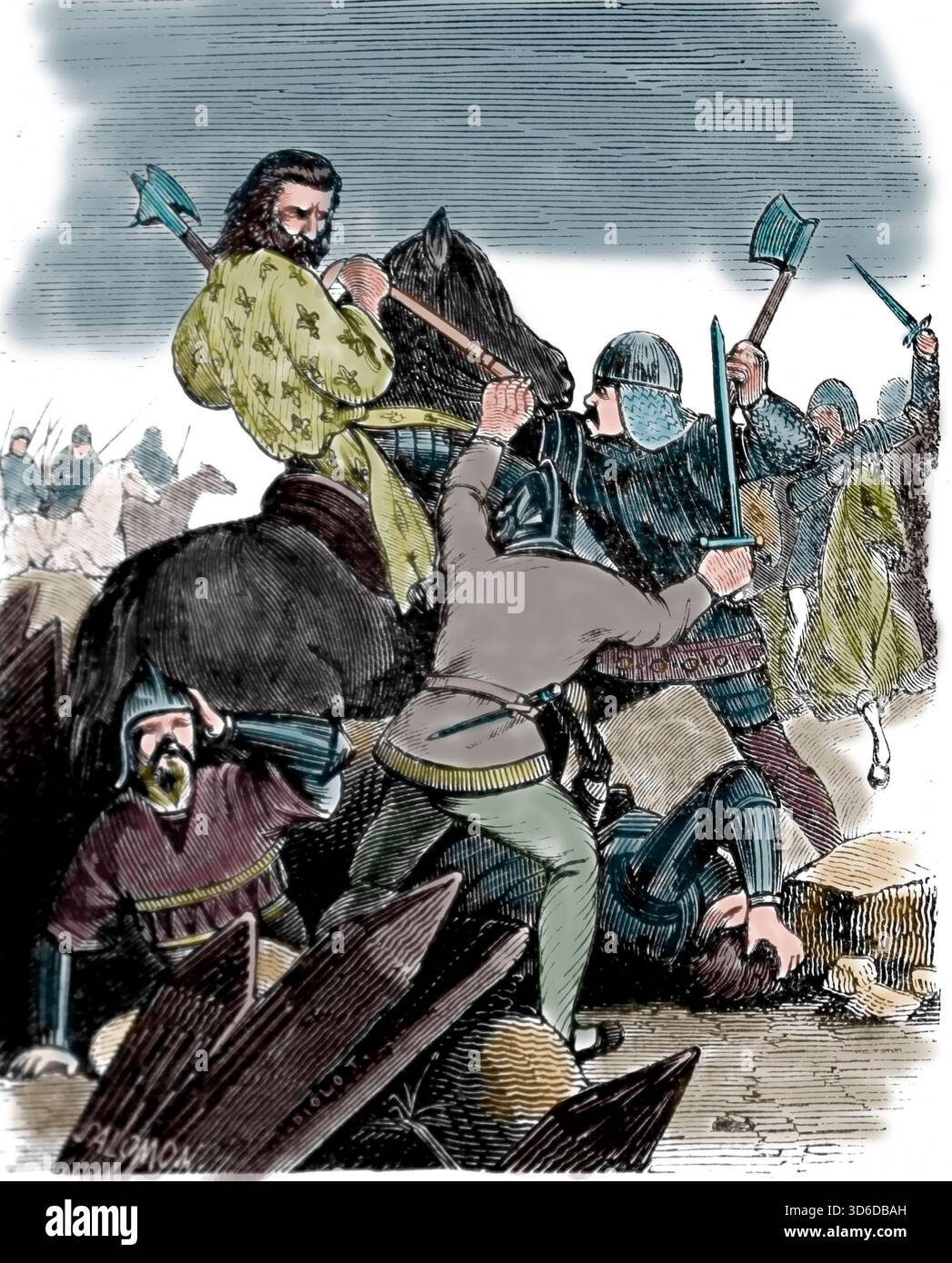 E bataille de Fornovo (6 juillet 1495) : affrontements entre le roi Charles VIII et l'armée française et la Ligue italienne. Gravure, XIXe siècle. Banque D'Images