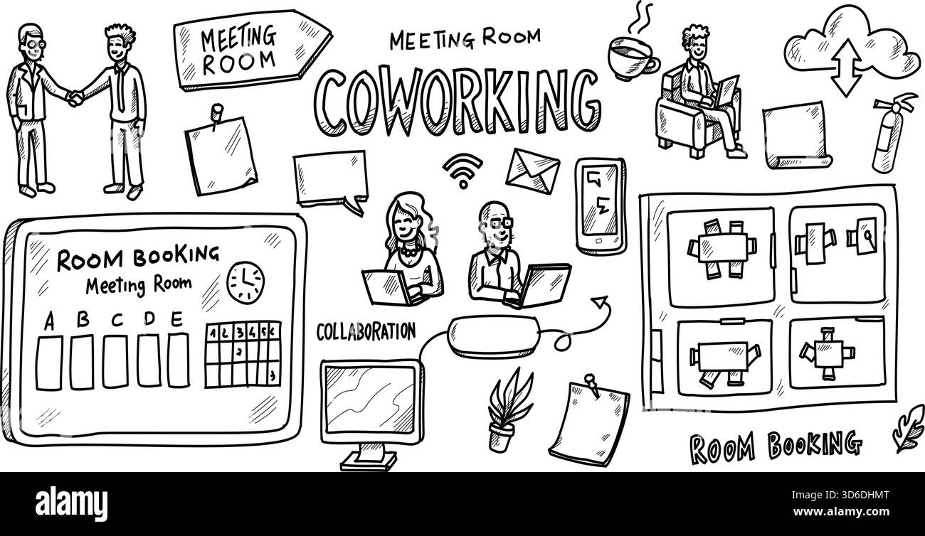 Espace de coworking et collaboration en salle de réunion. Illustration vectorielle style doodle Illustration de Vecteur