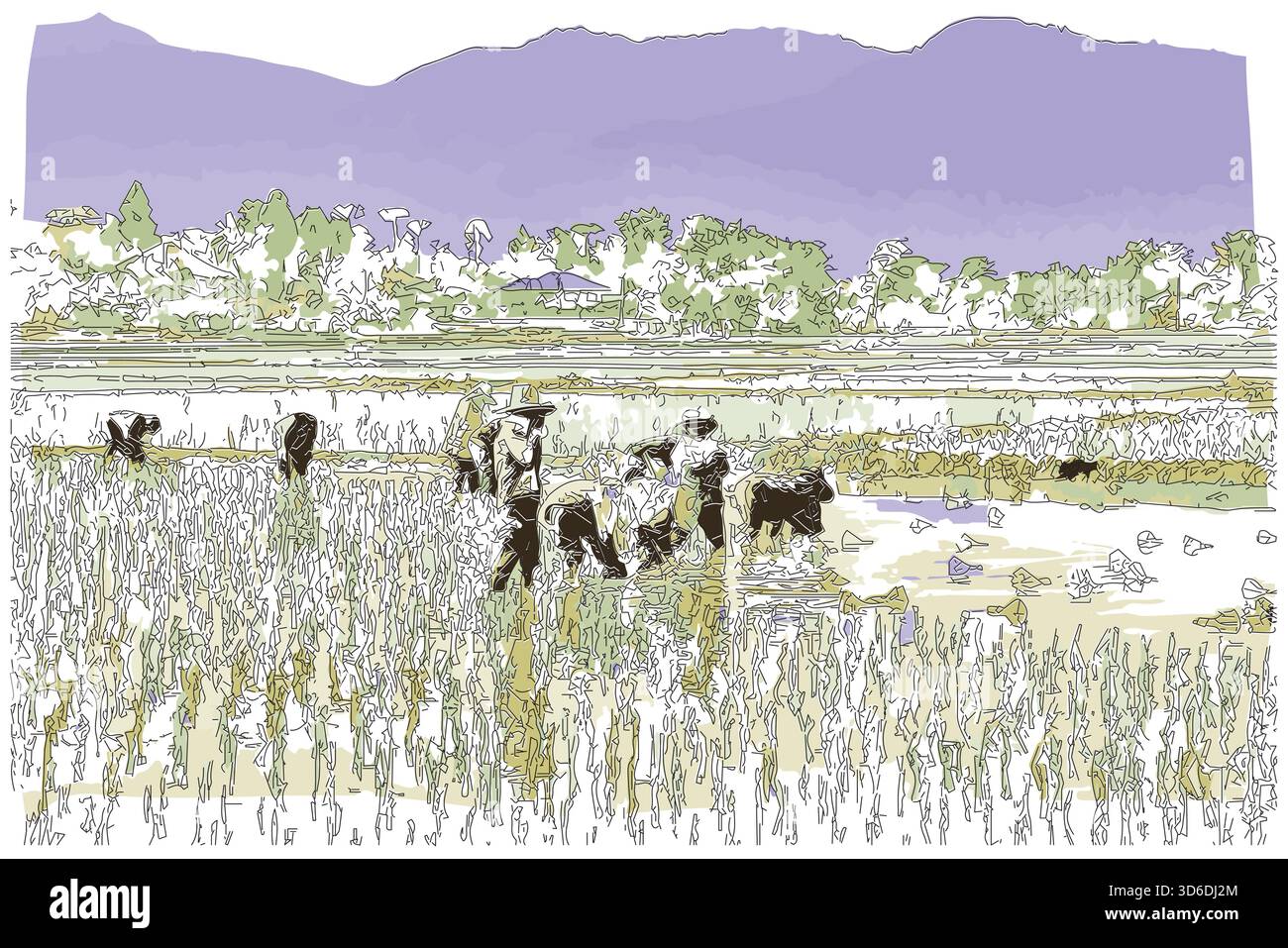 Peinture impressionniste de style croquis, les agriculteurs aident à planter des plants de riz dans les rizières, image vectorielle d'illustration numérique Illustration de Vecteur