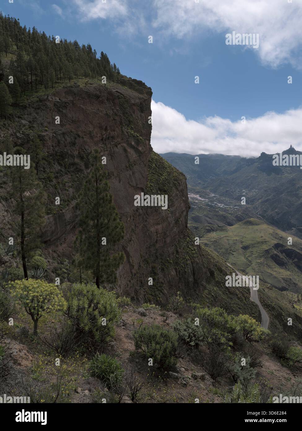 Vue sur le paysage montagneux et la végétation autour d'Artenara avec Roque Nublo au loin, Gran Canaria, Îles Canaries, Espagne. Banque D'Images