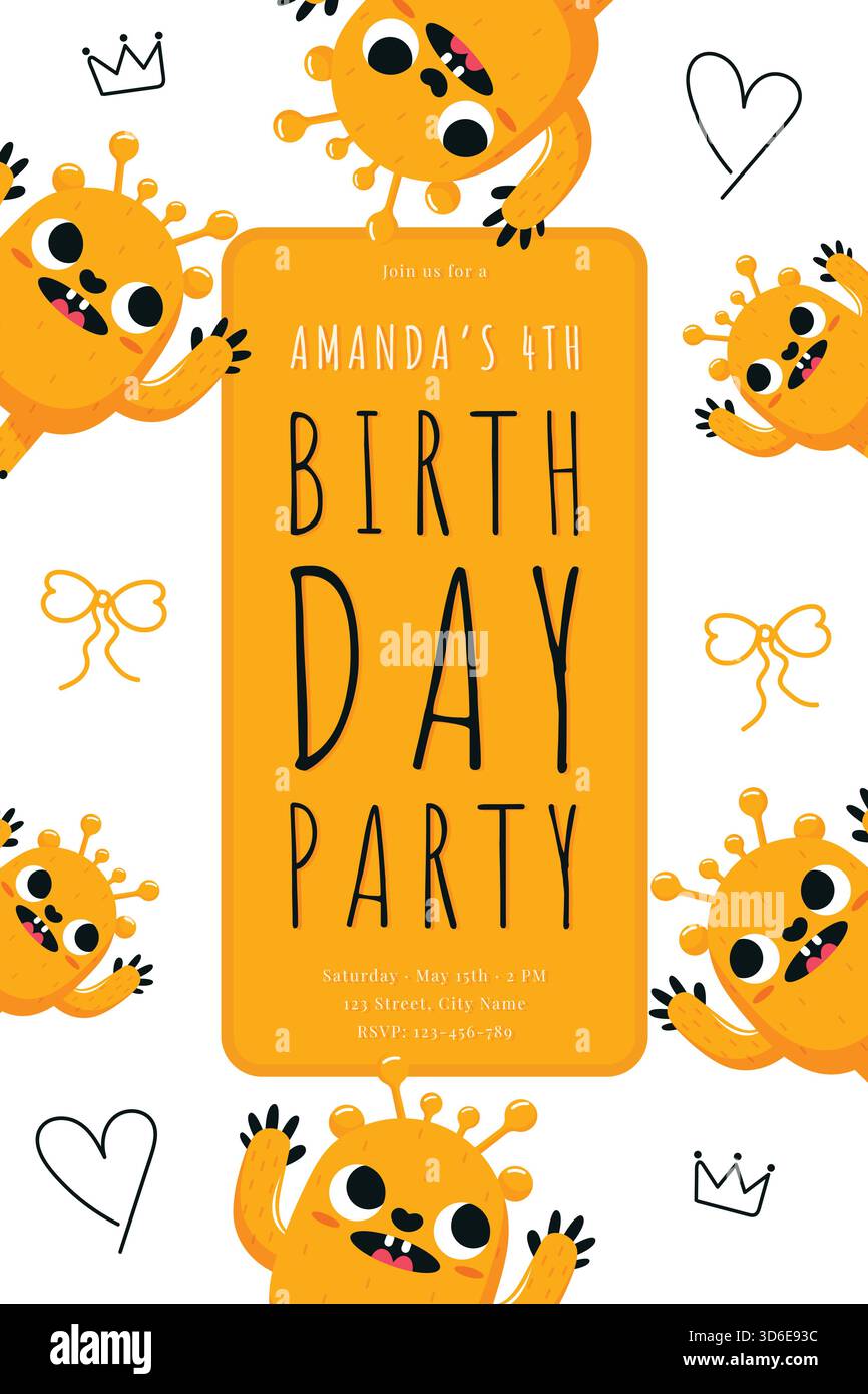 Vecteur de modèle de carte d'invitation de fête d'anniversaire de monstre mignon. Illustration de Vecteur