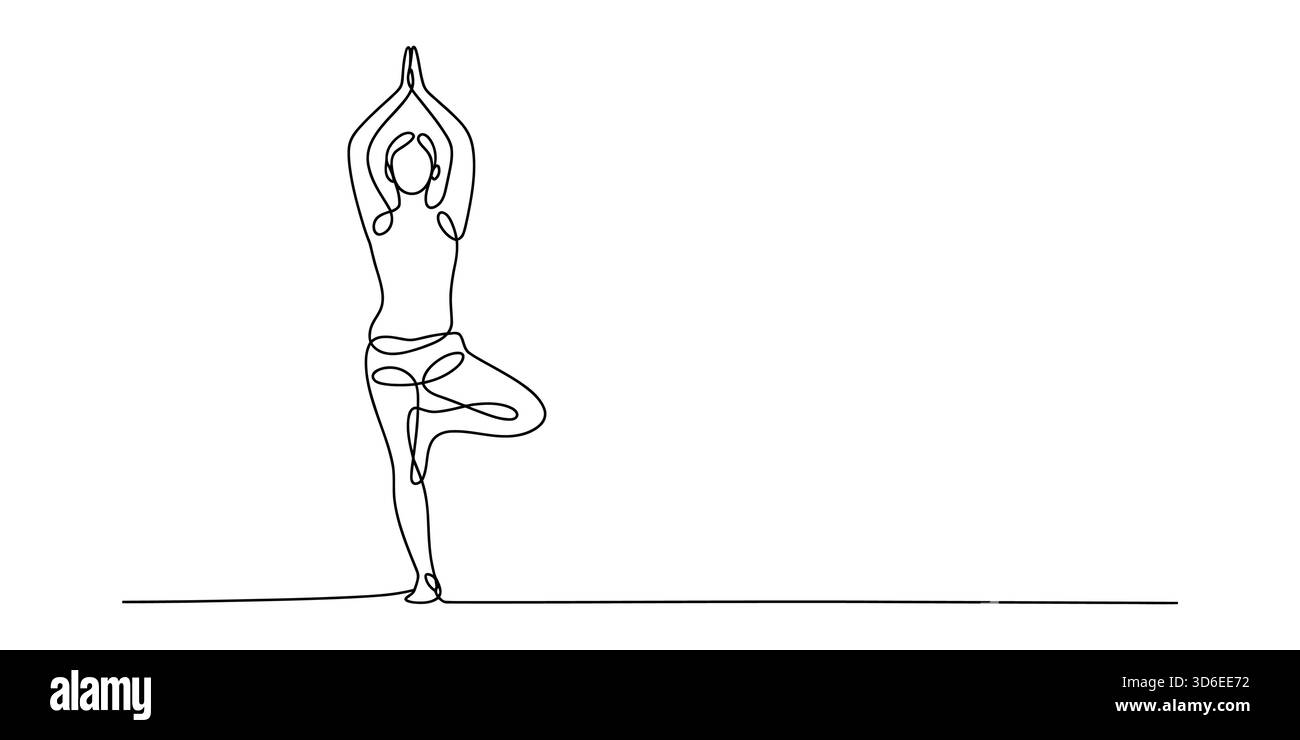 Dessin d'art en ligne continue d'une personne dans un arbre de yoga pose méditation Illustration de Vecteur