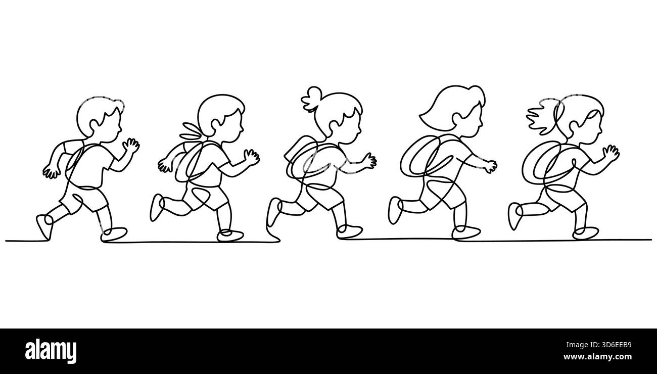 Enfants de l'école primaire courant avec des sacs à dos en ligne continue art Illustration de Vecteur
