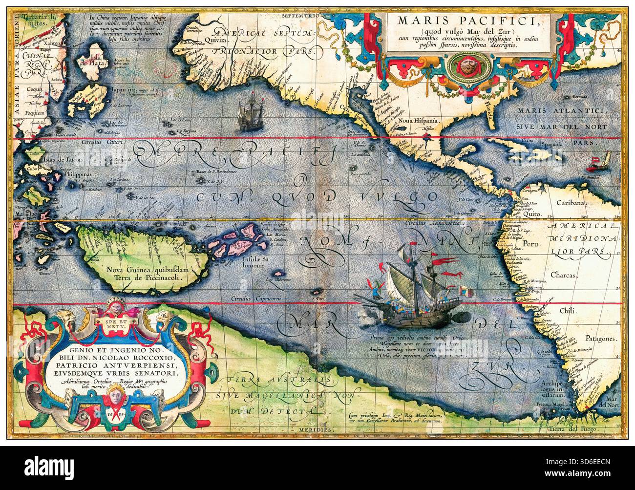 L'Océan Pacifique, illustration de carte vintage du XVIe siècle par Abraham Ortelius, 1590 Banque D'Images