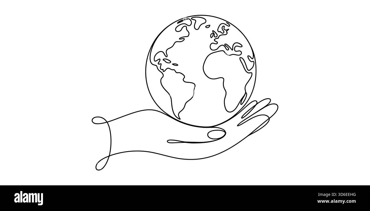 Main d'art en ligne continue tenant le globe terrestre, symbolisant le concept de protection globale. Illustration de Vecteur