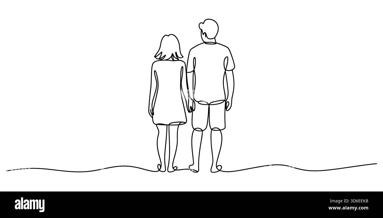 Couple tenant la main, dessin au trait continu, face à l'extérieur, style minimaliste Illustration de Vecteur
