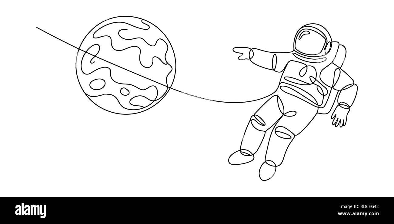 Dessin au trait continu d'un astronaute pointant vers une planète dans l'espace extra-atmosphérique Illustration de Vecteur