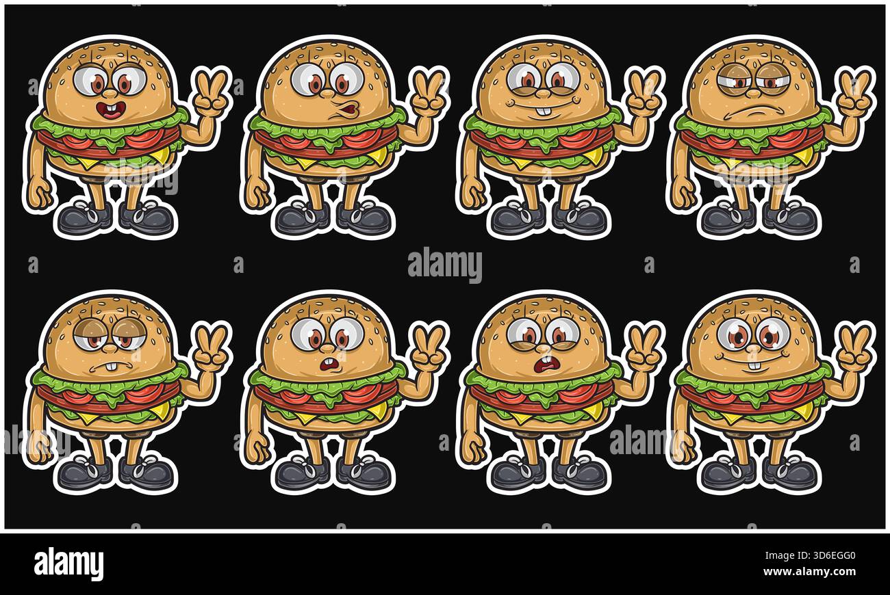 Personnage de mascotte de dessin animé de hamburger mignon debout avec quelques expressions. Parfait pour autocollant, étiquette, couverture, emballage, tshirt, marchandise d'affaires Illustration de Vecteur