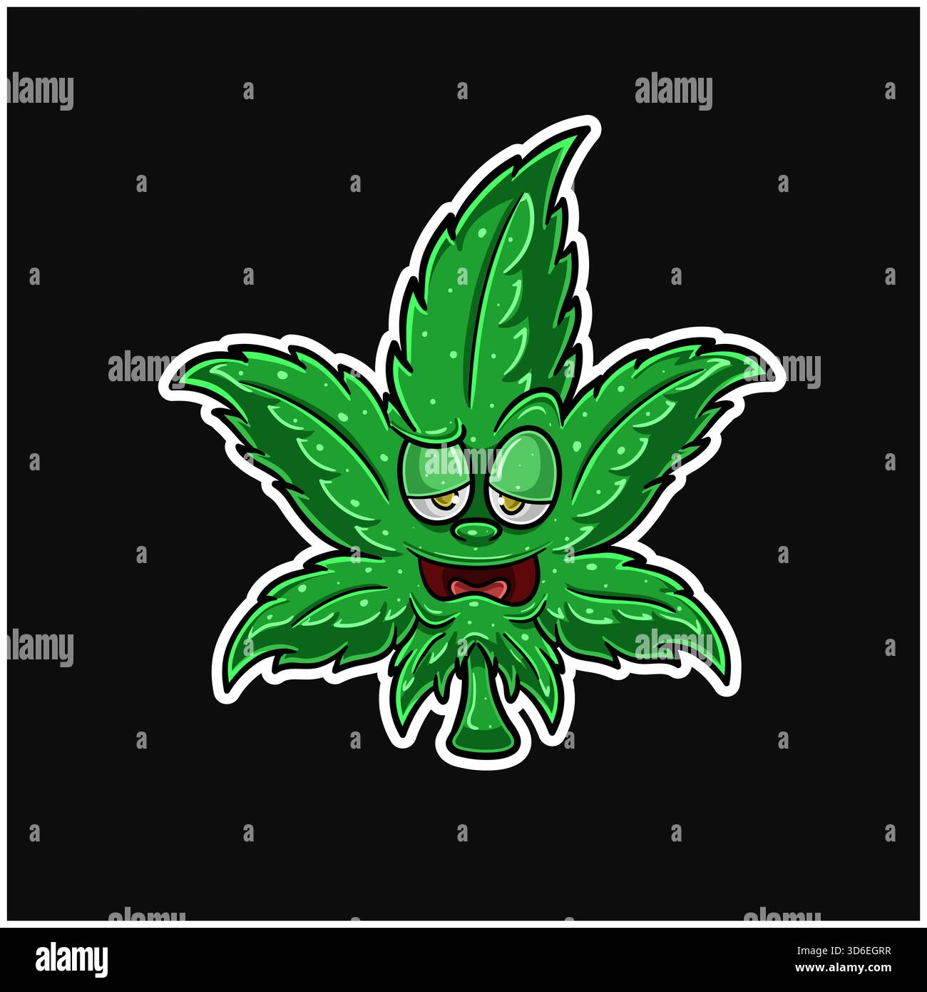 Personnage de mascotte de dessin animé de feuilles de cannabis avec une haute expression et profiter. Parfait pour autocollant, étiquette, couverture, emballage, tshirt, marchandise d'affaires Illustration de Vecteur