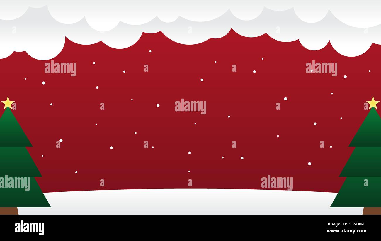 Joyeux Noël fond rouge avec des pins, des nuages et des flocons de neige tombant en hiver. Illustration vectorielle Illustration de Vecteur