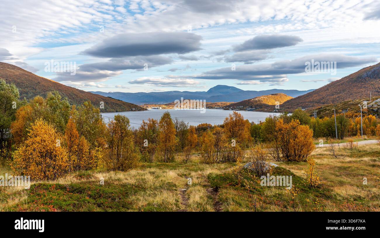 Couleurs d'automne en Norvège. Vue sur Kaldfjord. Belles couleurs d'automne sur Kvaløya, Troms, Norvège. Paysage d'automne norvégien Banque D'Images