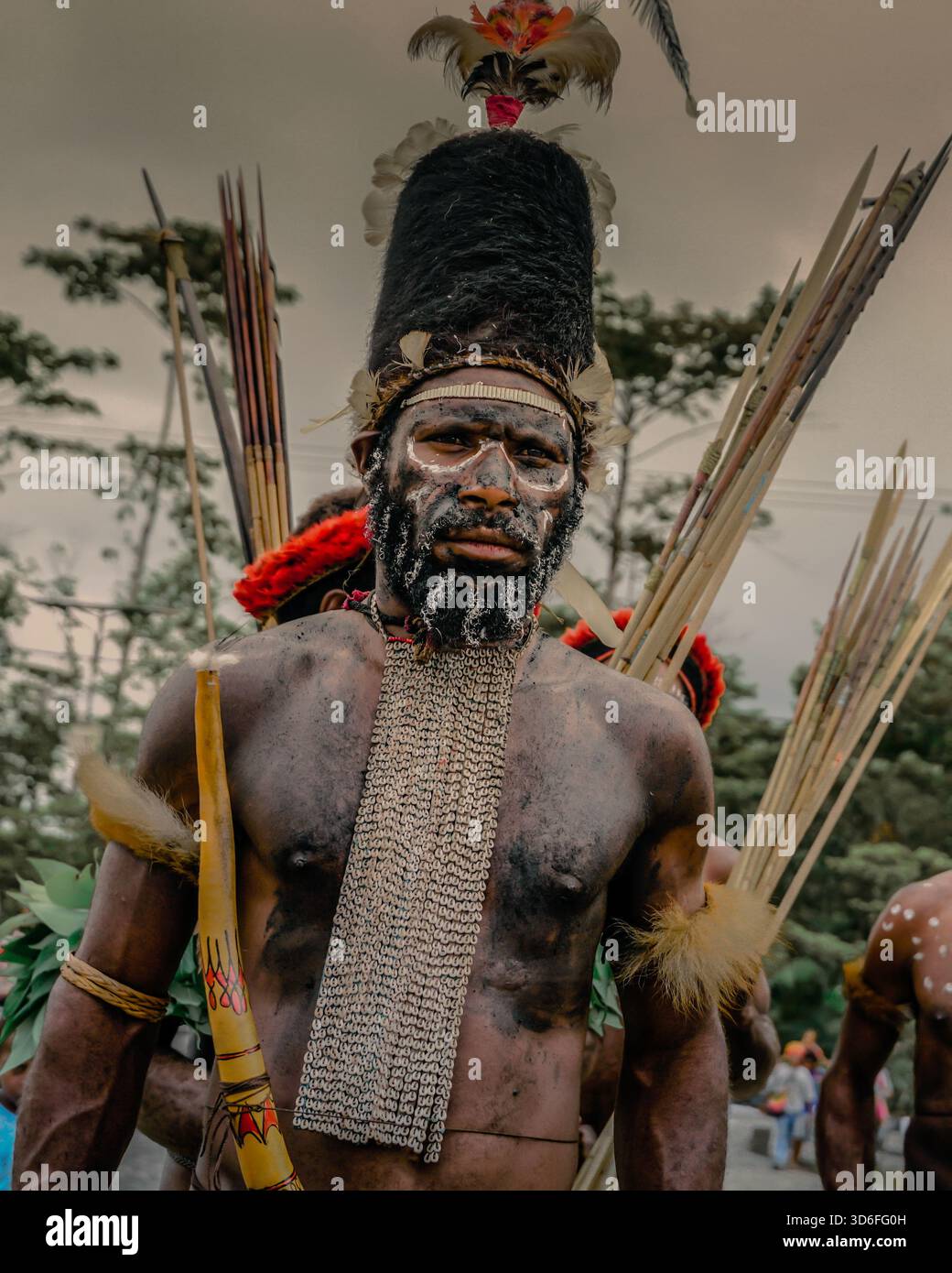 Guerrier traditionnel de Papouasie portant des vêtements tribaux, de la peinture corporelle et des chapeaux de cérémonie lors d'un événement culturel en Papouasie, Indonésie. Banque D'Images