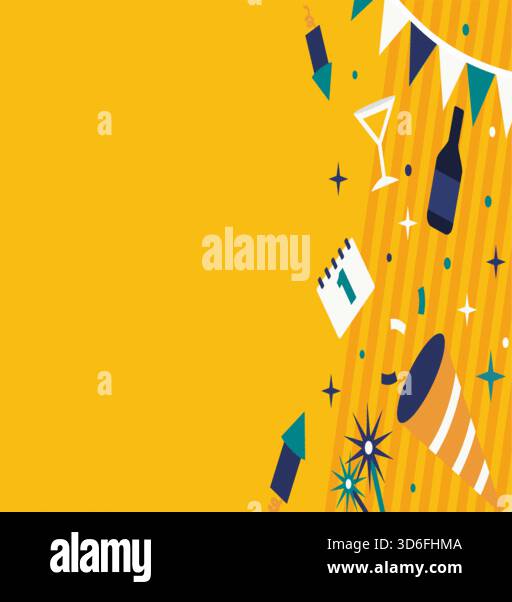 Vecteur d'illustration du nouvel an graphique utilisant le fond jaune, la bouteille de vin, la trompette et le calendrier avec la zone d'espace de copie, approprié pour utiliser le nouvel an, bi Illustration de Vecteur