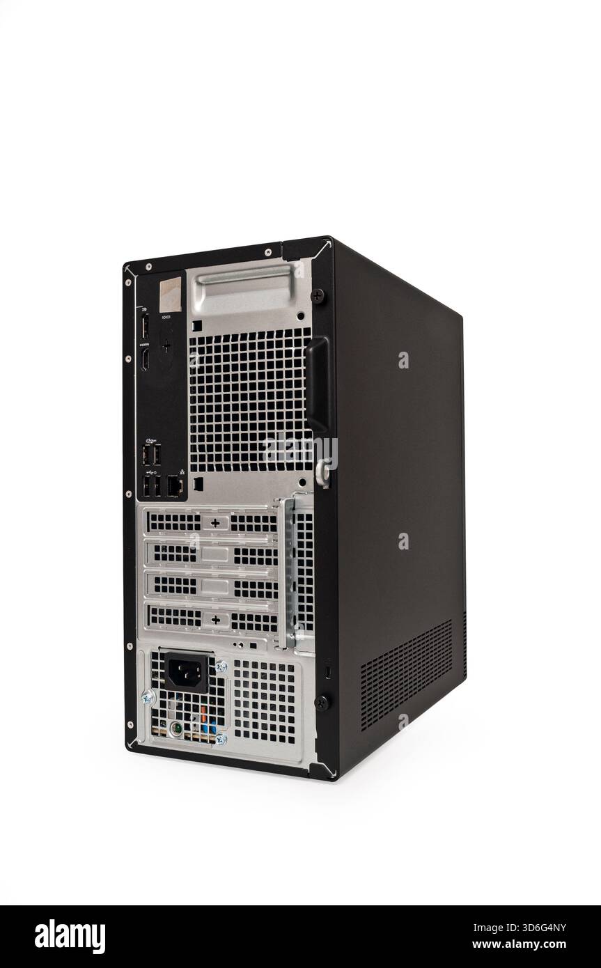 Nouvelle tour d'ordinateur de bureau Dell ECT1250 avec processeur Intel Ultra 7, sur fond blanc. Vue arrière et latérale. Banque D'Images