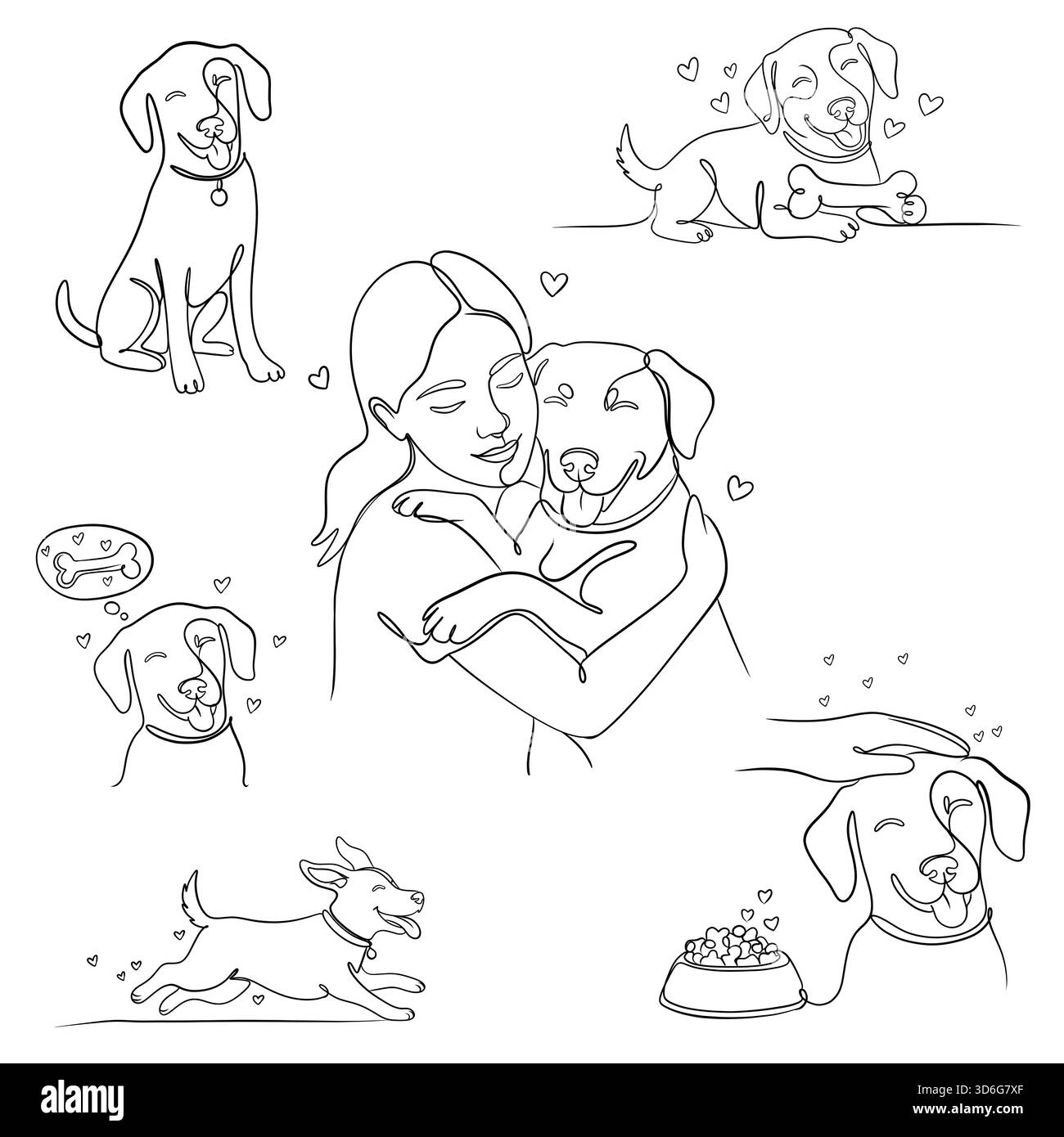 Ensemble d'illustrations minimalistes d'une ligne de chien, comprenant des scènes de chien ludique, de femme câlin et d'animal de compagnie, collection d'art en ligne continue. Banque D'Images