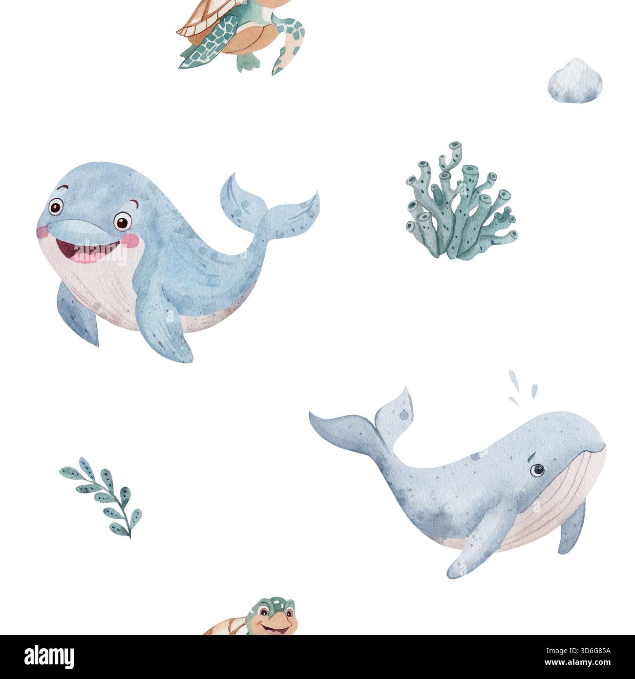 Motif aquarelle sans couture fantaisiste avec mignon dauphin, baleine, tortue. Personnage marin d'enfants ludique avec des algues sur fond blanc. Conception sous-marine joyeuse pour textiles de pépinière, cartes de voeux Banque D'Images