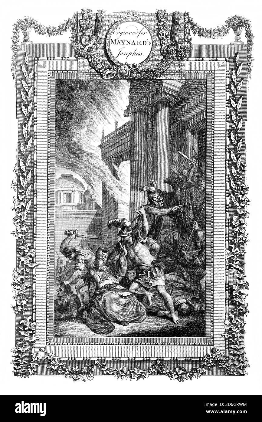 Illustration de la destruction du Temple de Baal avec ses prêtres et faux prophètes par ordre du roi Jéhu (Rois) de l'Antiquité 18ème siècle Banque D'Images