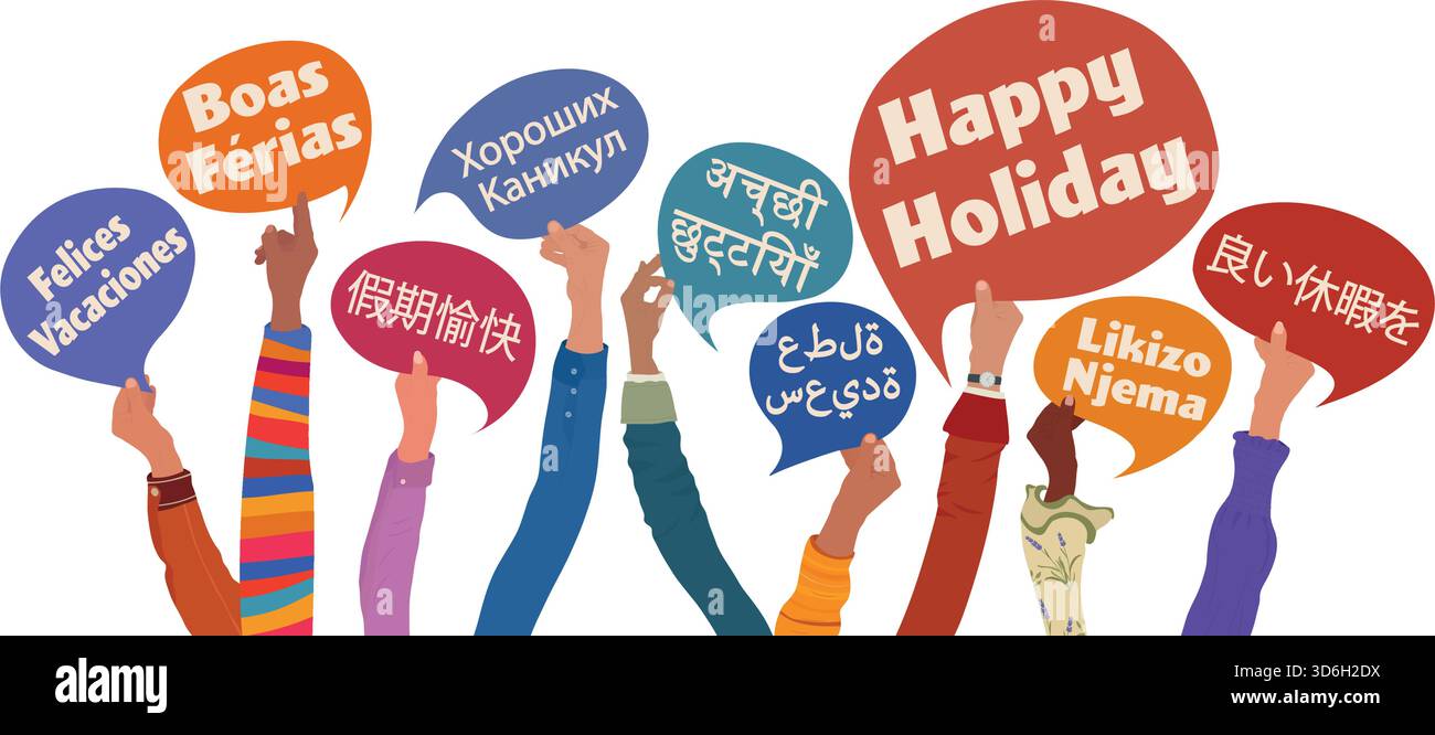 Vœux saisonniers mondiaux avec des mains diverses tenant des bulles de discours multilingues Illustration de Vecteur
