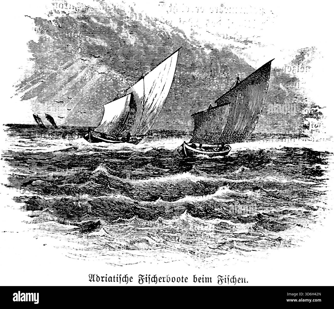 Bateaux de pêche pêchant dans l'Adriatique, bateaux en bois, voiliers, hautes vagues, vent fort, mur de nuages, rayons de soleil, profession de pêcheur, Méditerranée, IT Banque D'Images