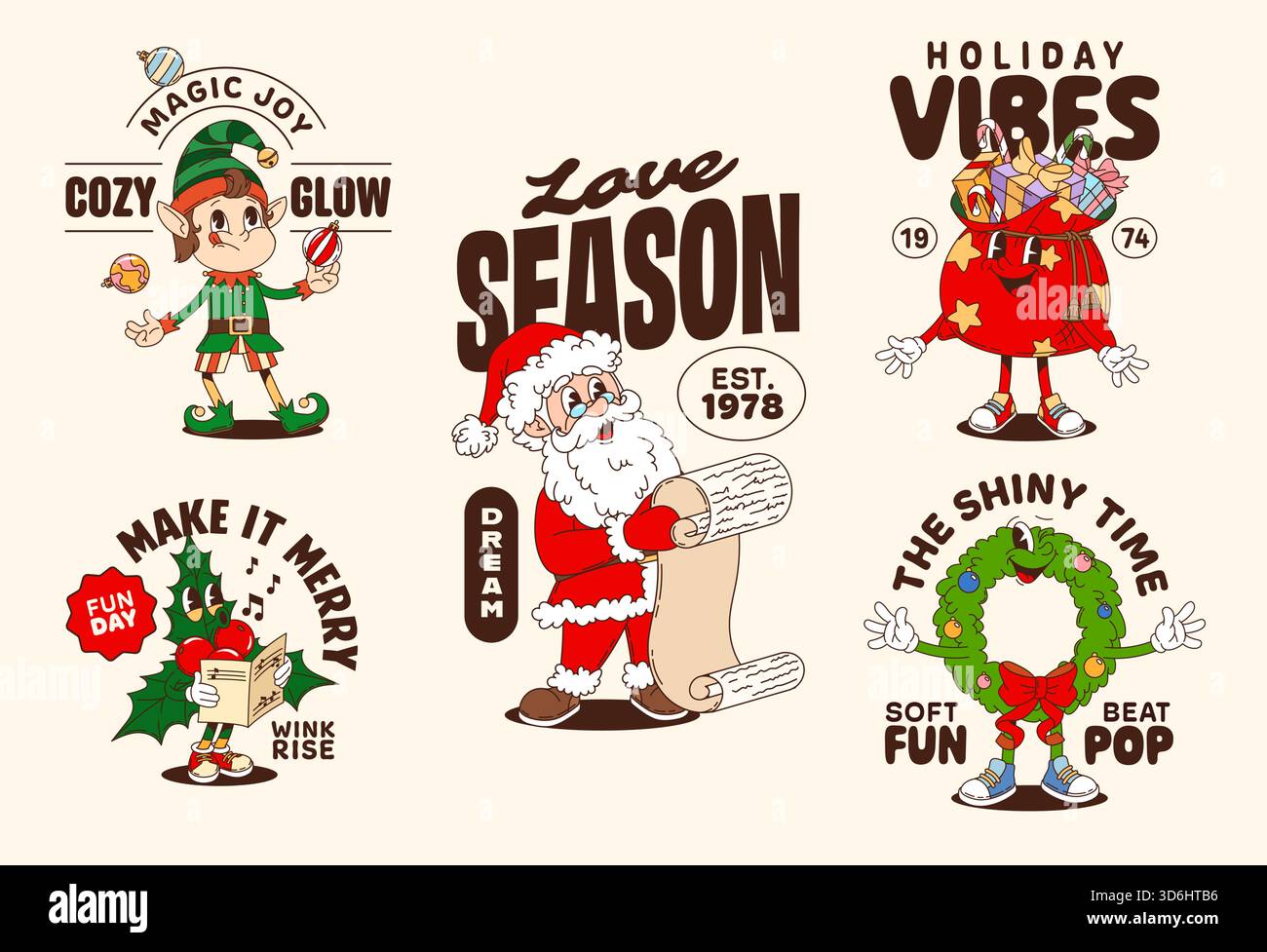 Noël drôle groovy personnages rétro autocollants et t-shirt imprimés. Vector Cute vintage Santa Claus, elfe festif, sac cadeau, couronne et personnages de dessins animés holly avec citations de vacances et salutations de Noël Illustration de Vecteur