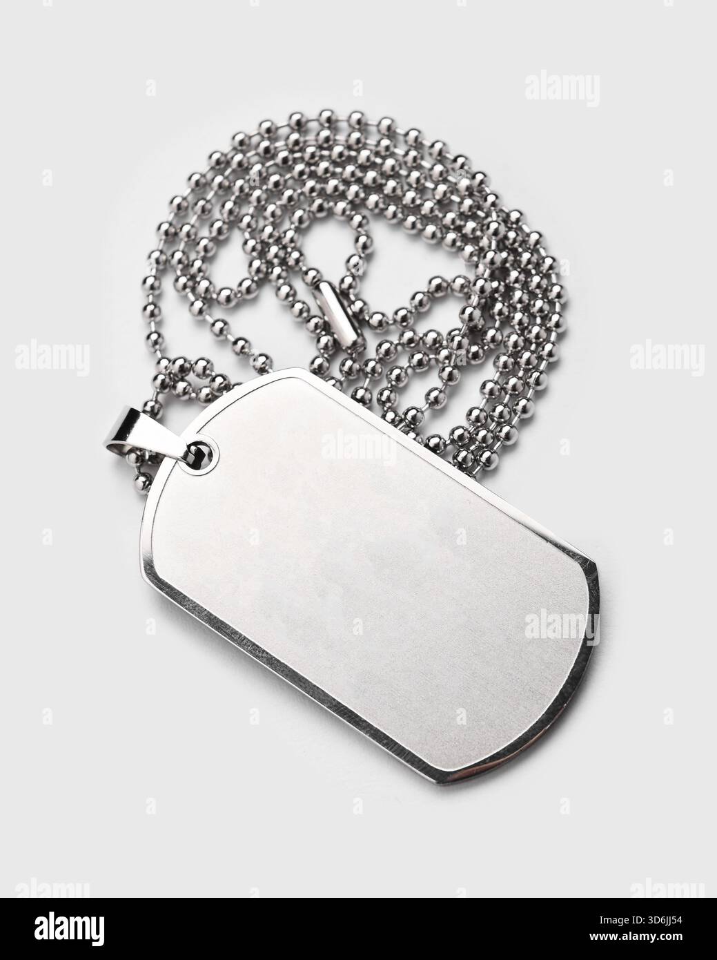 Collier d'étiquette de chien en acier inoxydable avec une plaque d'identification vierge et une chaîne à billes, photographié sur un fond blanc propre. Banque D'Images