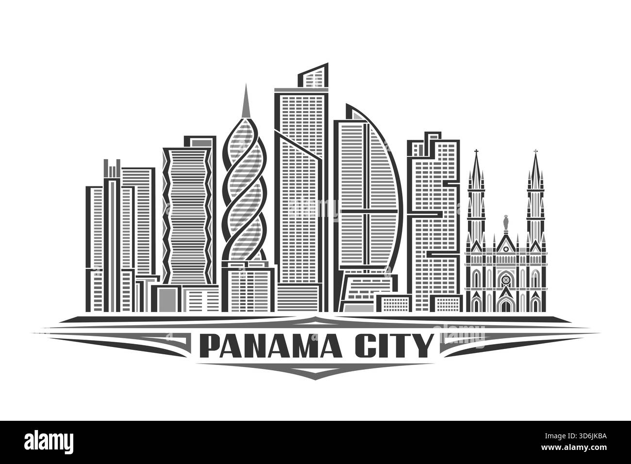 Illustration vectorielle de Panama City, carte horizontale monochrome avec design linéaire paysage de ville d'amérique centrale, concept d'art au trait avec lettre décorative Illustration de Vecteur