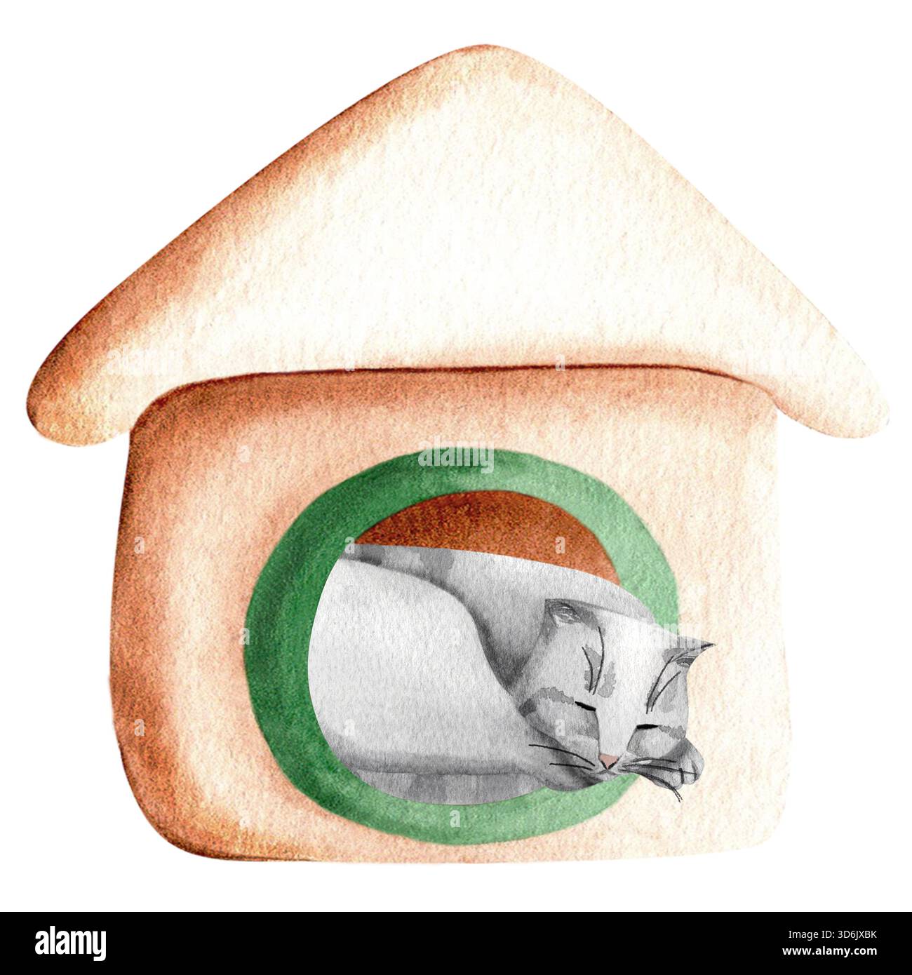 Un chat tabby gris dormant dans une maison de chat, illustration aquarelle dessinée à la main. Un chat britannique ou écossais Fold, illustration simple avec un chat mignon hous Banque D'Images