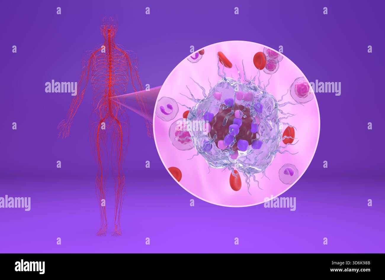 Cellule tumorale neuroendocrine métastatique dans le flux sanguin - 3D illustration vue rapprochée Banque D'Images